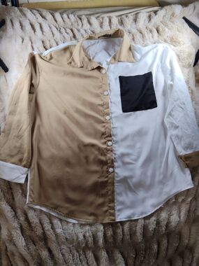 SHEIN Two-Tone Satin Button-Up Shirt in Beige, White & Black Pocket